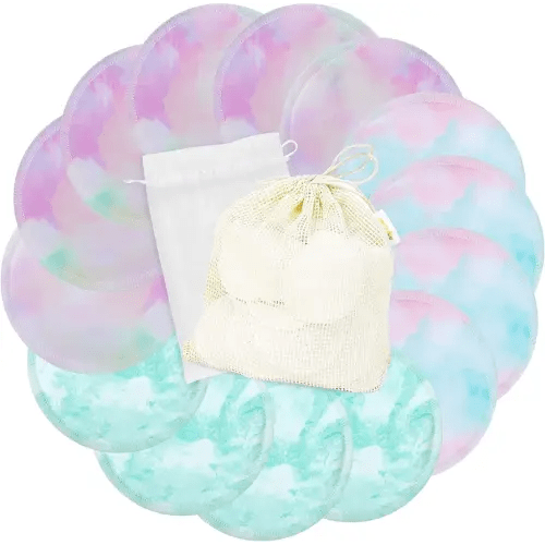 wegreeco Nursing Breast Pads (14 Pack) + Laundry Bag & Travel Storage Bag, 4.7 inch - Washable & Reusable Breastfeeding Nursing Pads (Plain Shape, Watercolors, Large)
