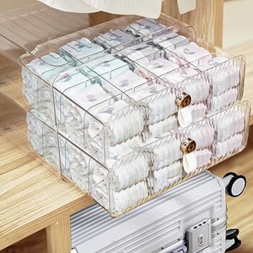 Clear Acrylic Divided Socks & Underwear Organzier Box for Closet, Stackable Baby Clothes Organizer Bins with Removable Adjustable Dividers for Wardrobe/Countertop,16 Cell,2 Pack