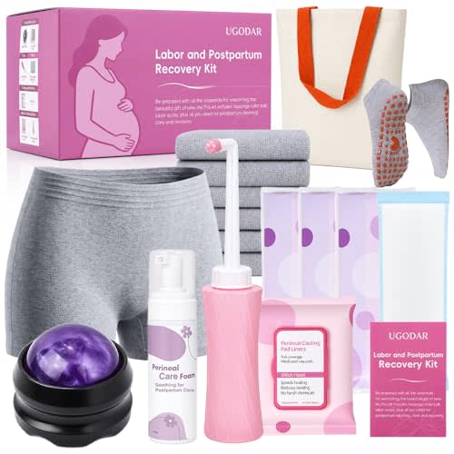 Postpartum Essentials Kit, Postpartum Recovery Set with Peri Bottle, Ice Pads, Perineal Care Foam, Cooling Pad Liners, Disposable Underwear, Labor Socks & Massage Roller,Labor Delivery Gift for Women