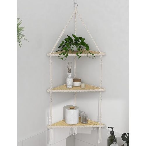 Corner Shelves Macrame 3 Tier, Boho Handmade Woven White Rope Beige Hanging Floating Shelf Decor Display Plant Racks Storage Organizer for Bedroom Bathroom Office Living Room
