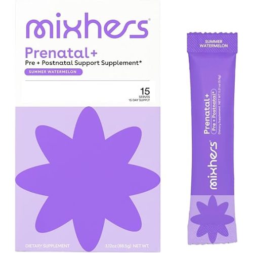 Mixhers Prenatal + Pre + Postnatal Vitamins Drink Mix | Formulated with Vitamin A, C, D, E, & K | Summer Watermelon Flavor | 15 Stick Packets | 1 Pack