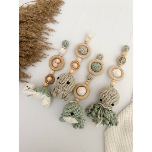 crocheted pendants for play arch/baby gym with turtle, jellyfish, octopus, whale in grey/mint, baby gift, wood, baby toy, baby shower
