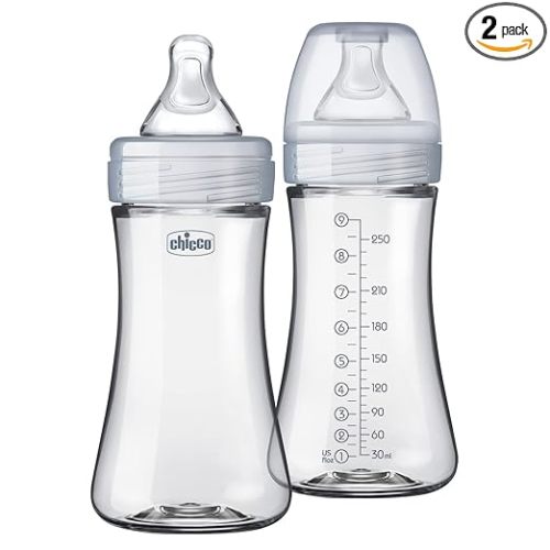 Chicco Duo 9oz Glass-Lined Baby Bottle, Real Glass Inside, Plastic Outside, Patented Invinci-Glass Hybrid Design, Intui-Latch Nipple, 2-Pack, Clear/Grey