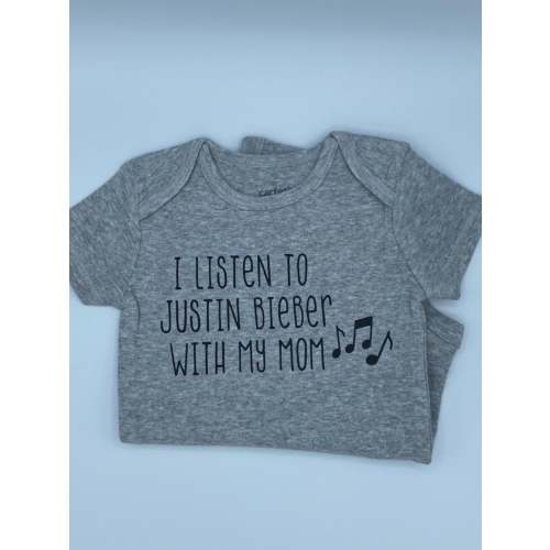 I listen to Justin Bieber with my Mom baby bodysuit, pop baby, pop music, infant, newborn, new mom, baby shower gift,