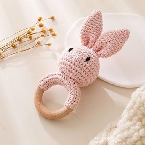 Wooden Baby Rattle，Crochet Bunny Rattle with Wood Ring, Newborn Wooden Animal Rattle Toy，Infant Pink Bunny Wood Rattle Toys，Bunny-3