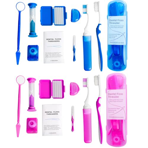 Wenge Portable Orthodontic Oral Care Kit - 2Pack - Travel Kit for Patients, Interdental Brushing Wax Floss Toothbrush Cleaning (Pink_Blue)