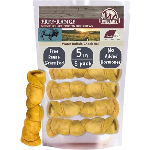 Wild Eats Water Buffalo Retriever Style Cheek Roll Dog Chews - 5 Pack (Long Lasting Chews, Treats, Bones for Aggressive Chewers & Large Dogs) Great Substitute Pig Ears Dogs