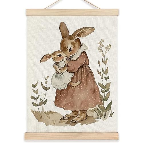 RYYCDOI Bunny Wall Art, Vintage Bunny Rabbit Mom and Baby Wall Art Poster, Nursery Wall Decor, Rabbit Pictures Wall Decor for Toddler Baby Girls Kids Room Nursery Playroom, 16x24 Inches