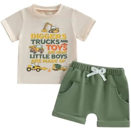 Toddler Baby Boy Clothes Summer Short Sleeve Diggers Trucks T-Shirt Tops Solid Color Shorts Set 2Pcs Casual Outfit