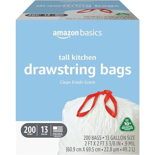 Amazon Basics 13 Gallon Tall Kitchen Drawstring Trash Bags, Clean Fresh Scnet, 10% Post Consumer Recycled, 200 Count