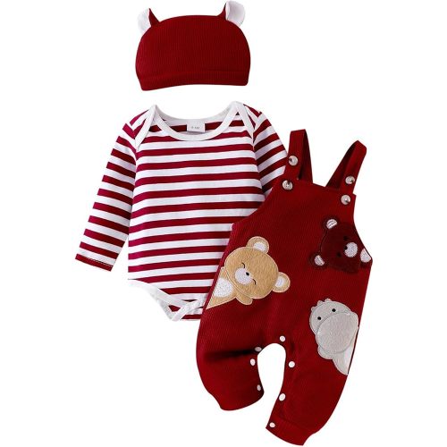 Baby Boy Clothes Newborn Striped Romper Fall Outfits + Infant Cartoon Suspender Overall + Cute Hat 3 Pcs 0-18 Months