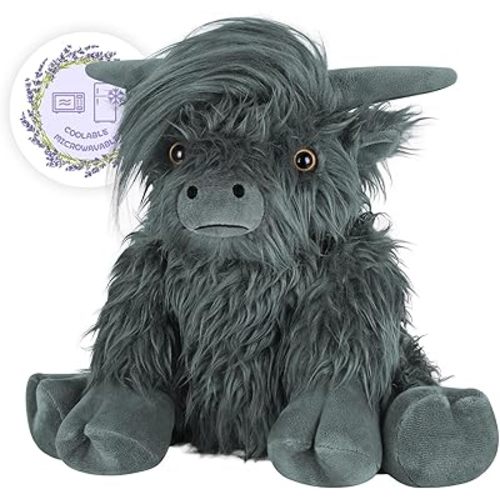 Heatable & Coolable Highland Cow Stuffed Animal, Microwavable Heating Pad for Soothing & Relaxation, Black Cattle Plushies for Stress Relief, Lavender Scented Stuffed Cow Gifts
