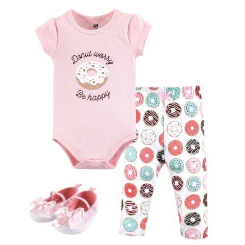 Hudson Baby Infant Girl Cotton Bodysuit, Pant and Shoe 3pc Set, Donut Worry