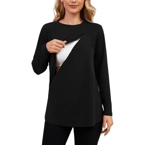 Ecavus Women's Nursing Shirts for Breastfeeding with Hidden Zipper Long Sleeve Front Seams Comfortable Nursing Tops
