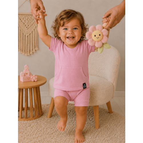 Front Opening Ready Set Romper® Shortie in RIBBED BLUSH PINK