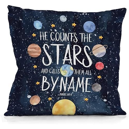 Space Pillow Covers 18x18, Christian Bible Pillow Covers for Kids, Outer Space Decor for Boys Room Room Nursery Decor, Psalms 147:4 Starry Sky Theme Decorative for Kids Bdroom