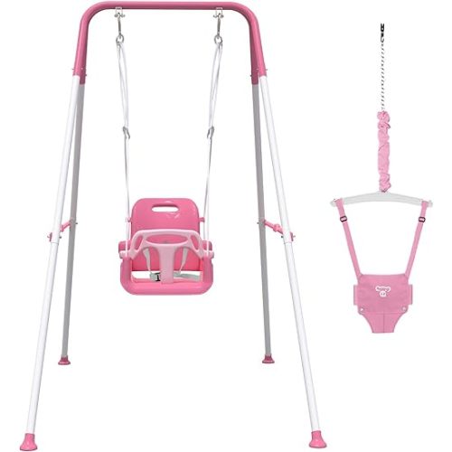 2 in 1 Toddler Swing & Baby Jumper, Foldable Baby Swing Outdoor & Indoor Use, Easily Installable and Storable (Pink)