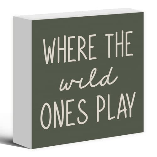 Luipk Where The Wild Ones Play Green Wood Box Sign Desk Decor 8x8, Nursery Kids Room Wooden Block Sign Decorations for Playroom Toddler Boys Girls Room Wall Tabletop Shelf Decor