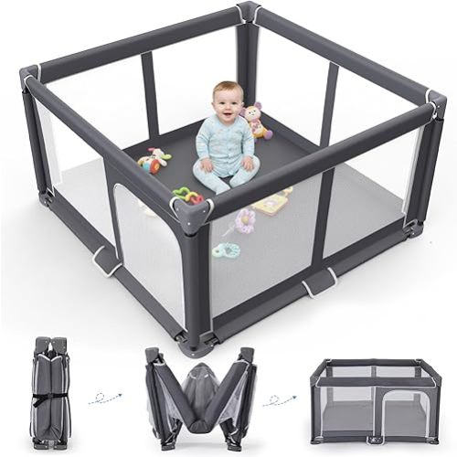 Foldable Baby Playpen - 50"x50" Safety Play Yard for Babies & Toddlers - Indoor & Outdoor Use with Carry Bag - Collapsible, Portable Play Yard, Dark Gray