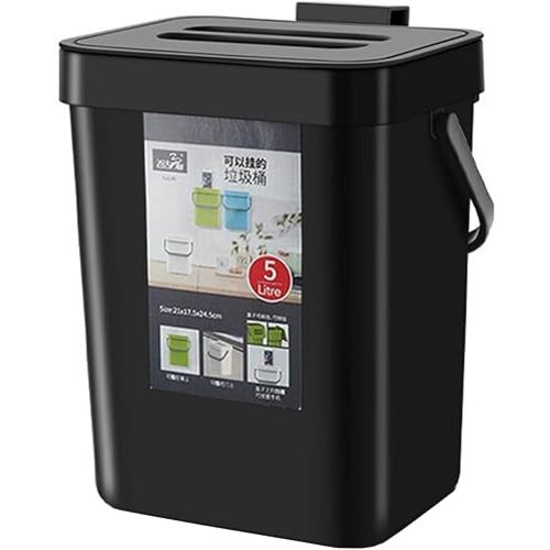 Small Trash Can with Lid Mini Kitchen Hanging Trash Can Tightly Sealed Odor Free, Small Countertop Compost Bin for Scraps from Daily Cooking, Mountable Trash Bin for Kitchen Counter, 5L/1.3 Black