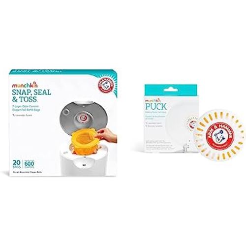 Munchkin® Refill Set for STEP™ and PAIL™ Diaper Pails - Includes 20 Arm & Hammer Snap, Seal & Toss™ Refill Bags and and 1 PUCK™ Baking Soda Cartridge