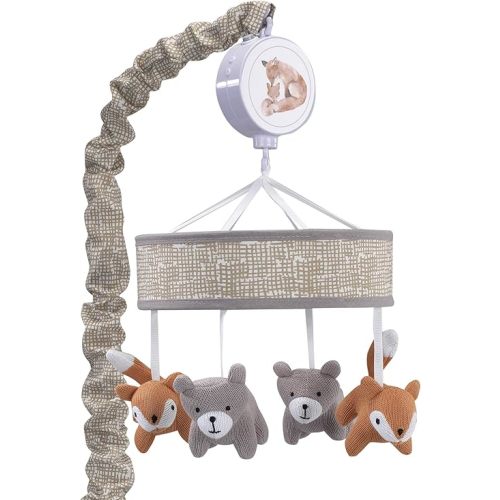 Lambs & Ivy Painted Forest Gray/Beige Fox and Bear Baby Crib Musical Mobile