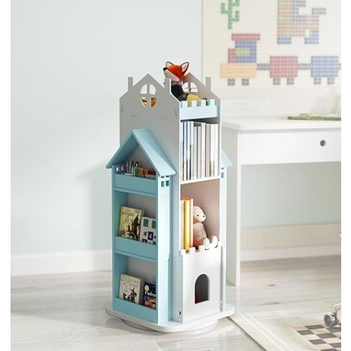 360° Rotating Bookshelf Kids,Blue Revolving Bookcase 3-Tier Spinning Dollhouse Bookshelf Floor Standing Book Storage Organizer for Children's Room
