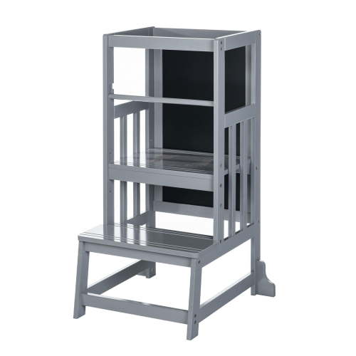 UNICOO® Bamboo Adjustable Height Kids Learning Step Stool, Toddler Kitchen Standing Tower, Montessori Style Kitchen Step Stool with Double-Side Art Board for Creative Play (D057-Grey)