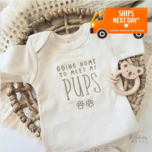 Embroidered Going Home to Meet My Pups Onesie® brand, New Best Friend Onesie® Personalized Dog Name Onesie® Dog Name Onesie® F45