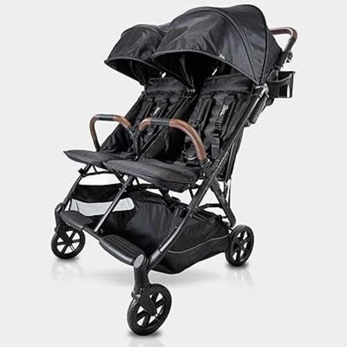 Strolee Lightweight Double Side by Side Stroller - 22 Lbs, 9.5" Compact Fold, Twin Nap Ready Seating, No Rethread Harness, Magnetic Buckle & Ultra Plush Seat 60Lb Max Per Seat- (v2 Black)