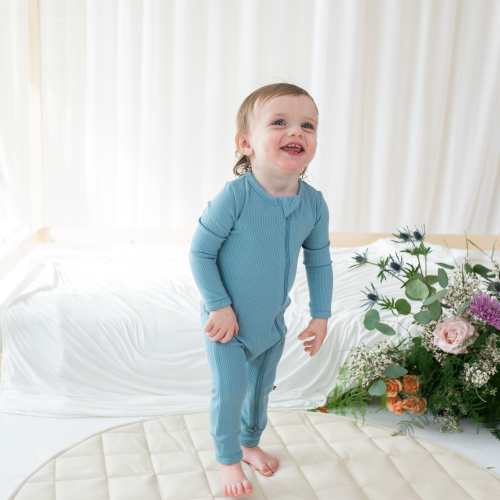 Ribbed Zipper Romper in Dusty Blue - 3-6 Month