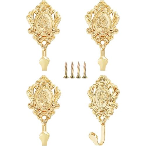 4Pcs Elegant Gold Curtain Tiebacks, Maijdoany Vintage Rose Wall Mounted Hook Holdbacks for Curtains Drapes, Curtain Tie Back Hooks for Bathroom, Bedroom, Kitchen (Rose Gold)