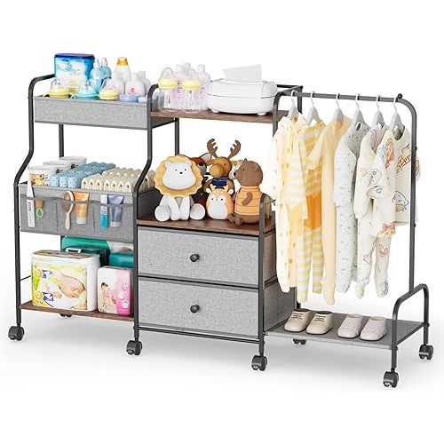 Diaper Caddy Organizer with Hanging Rack - 3 Tier Rolling Utility Cart with Drawers and Dividers for Baby Bottle Storage - Bedside Cart for Changing Station, Crib, Nursery, Bedroom, Gray