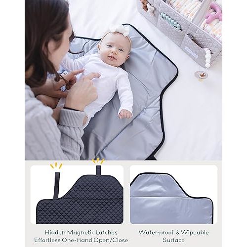 Baby Changing Pad Portable, Diaper Changing Mat with Magnetic Latches, Waterproof Travel Pad for Diaper Bag, Newborn Essentials, Gift for Baby Shower and Registry (Black Twill, Large)