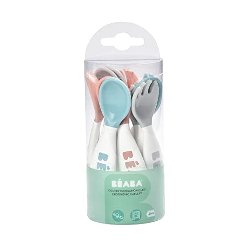 BEABA Toddler Self Feeding Cutlery, Round Soft Tip Design, Toddler Utensils, Baby Fork and Baby Spoon, Set of 10, (Breeze)