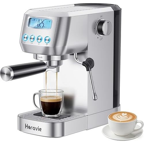 Espresso Machine 20 Bar, Compact Espresso Maker with Milk Frother, Stainless Steel Cappuccino & Latte Machine with LCD Screen, Adjustable Temperature, 44oz Water Tank for Home, Office