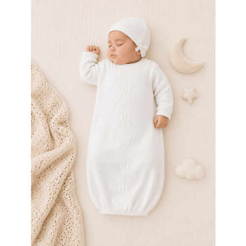 Milan Dove White Pointelle Knit Baby Sleep Gown & Hat Set (Organic Cot
