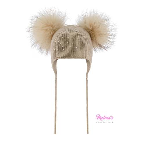 Cappuccino Crystal Double Pom Hat