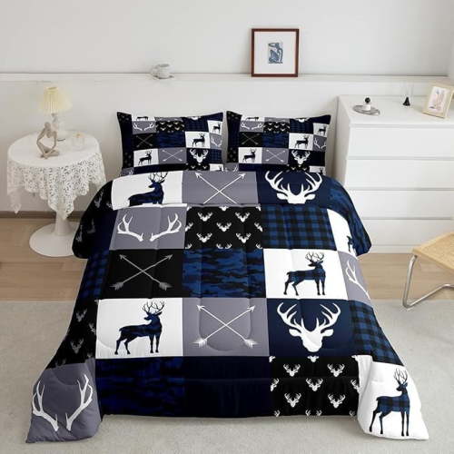 Camo Deer Antlers Comforter Set Toddler,Geometric Plaid Patchwork Bedding Set for Kids Teens Girls Boys Room Decor,Boho Arrow Xmas Quilt Set,Blue Grey Duvet Insert