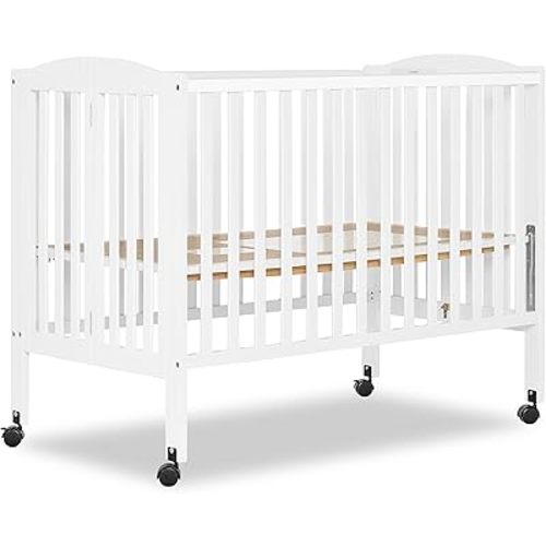 Dream On Me Full-Size 2-in-1 Folding Baby Crib in White, GreenGuard Gold & BSA, Portable, Patented Quick Folding System, Strong Wheels, 2 Adjustable Mattress Heights