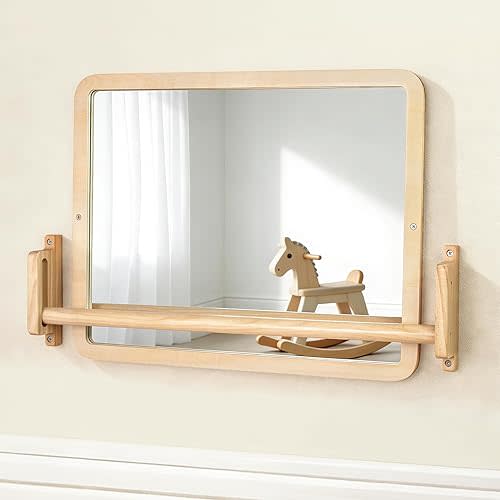 Montessori Mirror with Bar – Adjustable Baby Pull Up Bar, Anti-Rotation Design & Acrylic Safety Baby Mirror for Wall – Tummy Time, Pull to Stand Toys for Infant Toddler Nursery