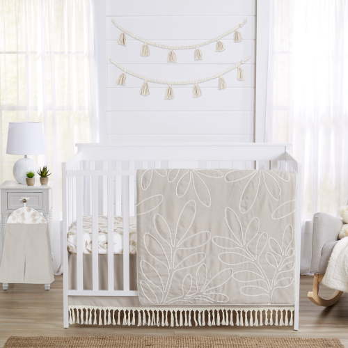 Sweet Jojo Designs Botanical Leaf Linen Beige Off White 4 Piece Crib Bedding Set