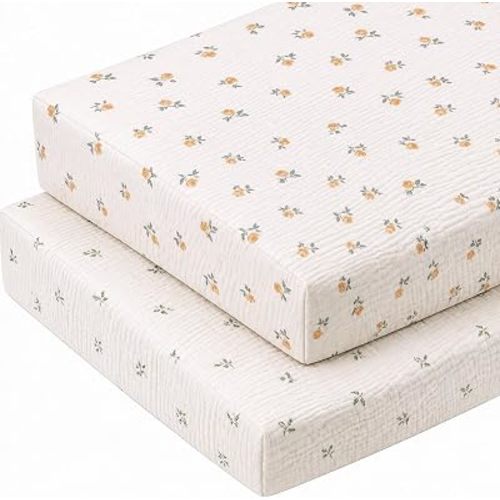 2 Pcs Muslin Rose Floral and Leaf Print Crib Sheets, 52"X 28"