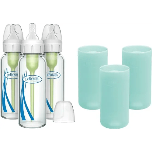 Dr. Brown's Natural Flow Anti-Colic Options+ Narrow Glass Baby Bottles 8 oz/250 mL, with Level 1 Slow Flow Nipple, 3 Pack 0m+ with Mint 100% Silicone Sleeves, BPA-Free