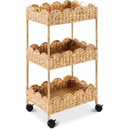 Best Choice Products 3-Tier Scalloped Nursery Caddy w/Wheels, Handwoven Utility Cart, Storage Organization for Bathroom, Craft Room, Laundry Room - Natural
