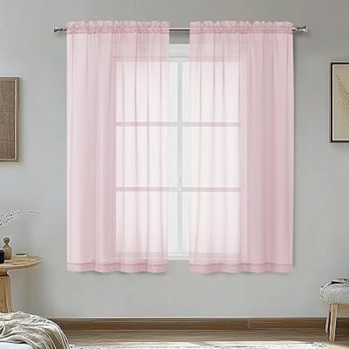 OVZME Blush Pink Sheer Curtains 54 Inches Long 2 Panels - Soft Light Filtering Window Sheer Panels for Living Room/Bedroom, Top Dual Rod Pocket, 1 Pair, Each 42Wx54L Inches