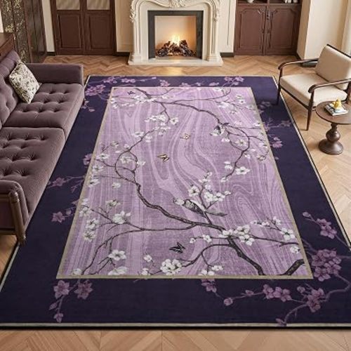 5x7 Purple Oriental Floral Bird Butterfly Print Area Rug