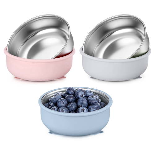 Vesteel Stainless Steel Kids Bowls with Suction, 3-Piece Suction Plates & Bowls for Toddlers, Removable Silicone Shell & Dishwasher Safe, Blue/Pink/Grey