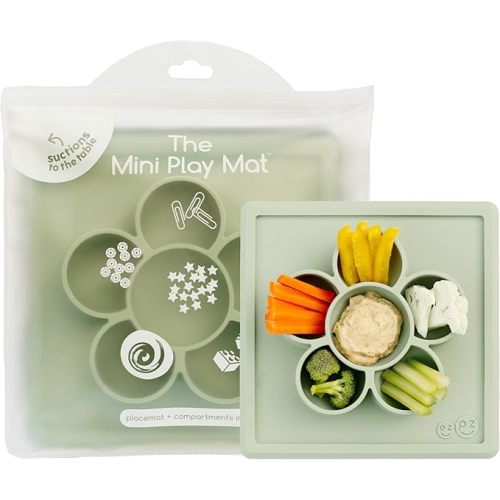 ezpz Mini Play Mat for Baby + Toddler (Sage) - 6 Months+ - Suction Plate with Flower Compartments for Crafts, Painting, Sorting, Snack Time - Promotes Pincer Grip