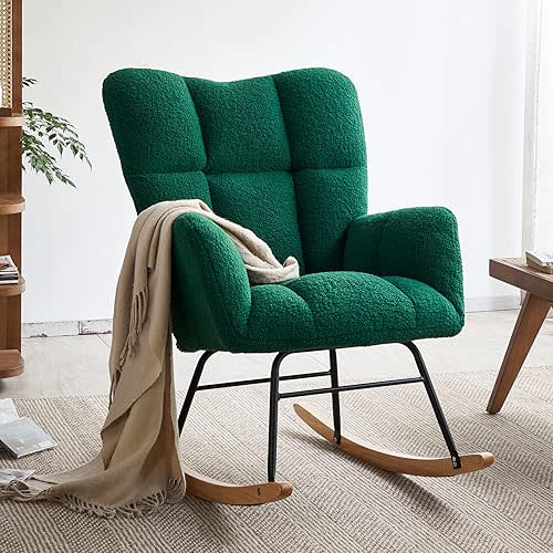 Nursery Rocking Chair, Teddy Fabric Upholstered Glider Rocker with High Backrest, Modern Rocking Accent Chairs Comfy Side Chair for Nursery, Bedroom, Living Room (Green)
